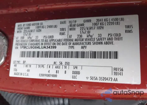 2020 Ford Escape Se z USA, uszkodzony, nr VIN 1FMCU9G64LUA34399